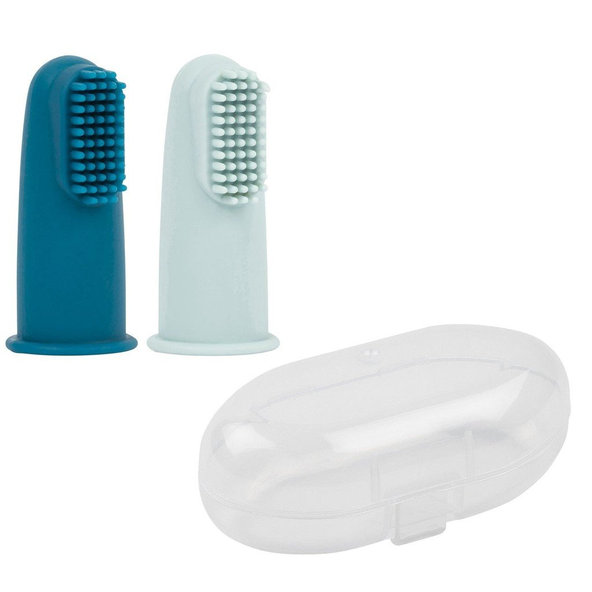 NATTOU Kartáček silikonový na prst s pouzdrem Petrol/Aqua blue 2 ks