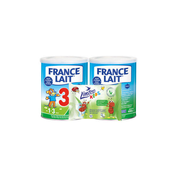 France Lait 3 mléčná výživa 1r+ 2 × 400 g + Linteo Kids ubrousky