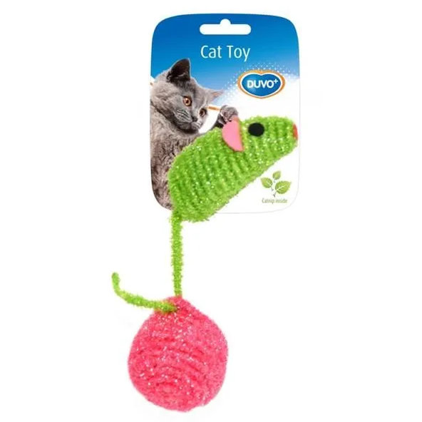 Duvo+ Hračka myš s míčkem nylonová zelená růžová 10 × 4 × 4 cm