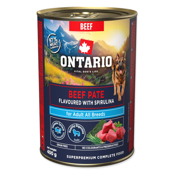 Ontario Adult konzerva pro psy hovězí paté s příchutí spirulíny 400 g