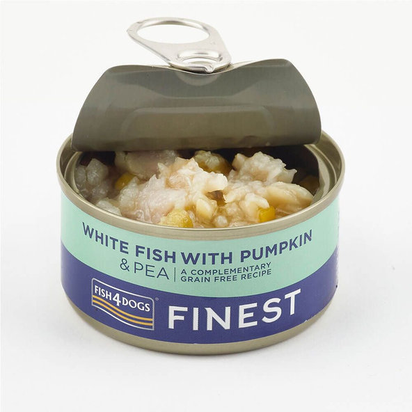 Fish4Dogs Finest konzerva pro psy bílá ryba s dýní a hráškem 85 g