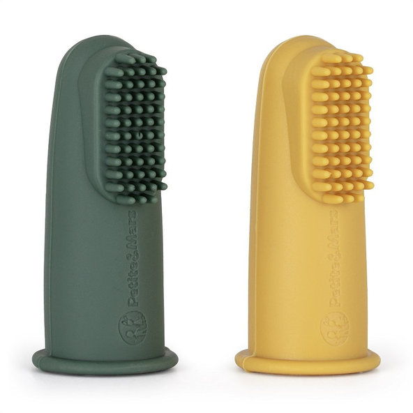 PETITE&MARS silikonové kartáčky na prst TAKE&MATCH Ochre Green 0 m+ 2 ks