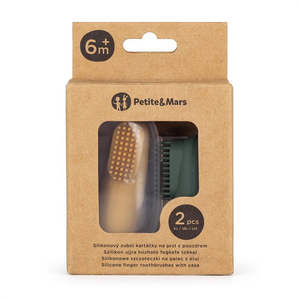 PETITE&MARS silikonové kartáčky na prst TAKE&MATCH Ochre Green 0 m+ 2 ks