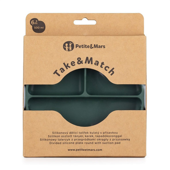 PETITE&MARS dělený kulatý silikonový talíř TAKE&MATCH Misty Green 6 m+