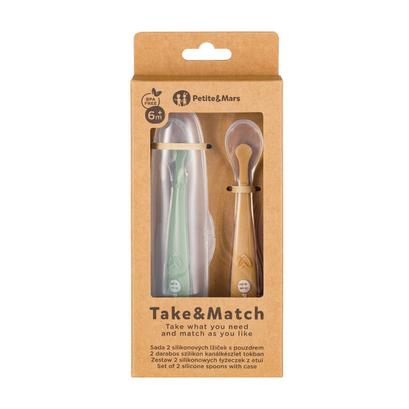 PETITE&MARS lžičky s pouzdrem Take&Match Pea Ochre 6m+ 2 ks