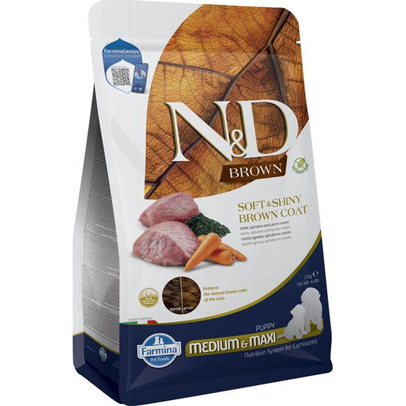 Farmina N&D Dog Brown GF puppy med maxi jehněčí spirulina 2 kg