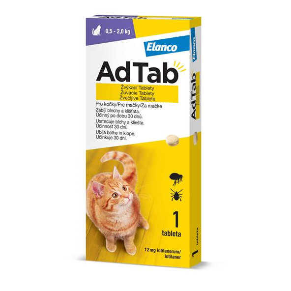 AdTab 12 mg žvýkací tablety proti blechám a klíšťatům pro kočky (0,5–2,0 kg) 1 tableta