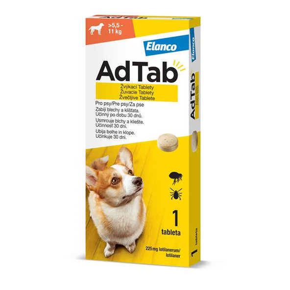AdTab 225 mg žvýkací tablety proti blechám a klíšťatům pro psy (>5,5–11 kg) 1 tableta