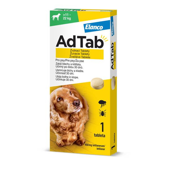 AdTab 450 mg žvýkací tablety proti blechám a klíšťatům pro psy (>11–22 kg) 1 tableta