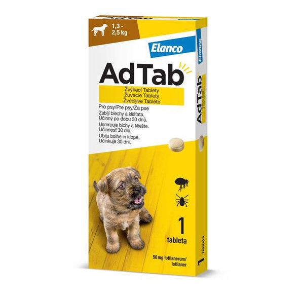 AdTab 56 mg žvýkací tablety proti blechám a klíšťatům pro psy (1,3–2,5 kg) 1 tableta