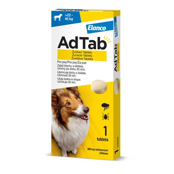 AdTab 900 mg žvýkací tablety proti blechám a klíšťatům pro psy (>22–45 kg) 1 tableta
