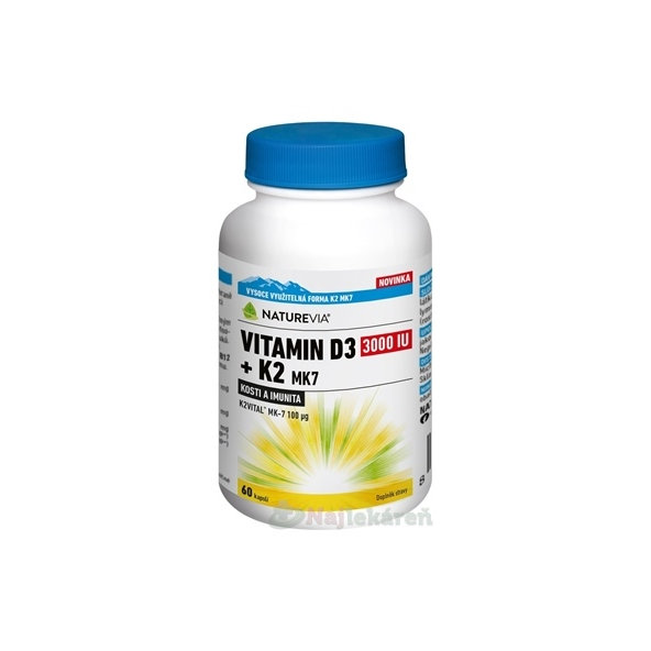 NatureVIA Vitamin D3 3000 IU a K2 MK7 60 kapslí