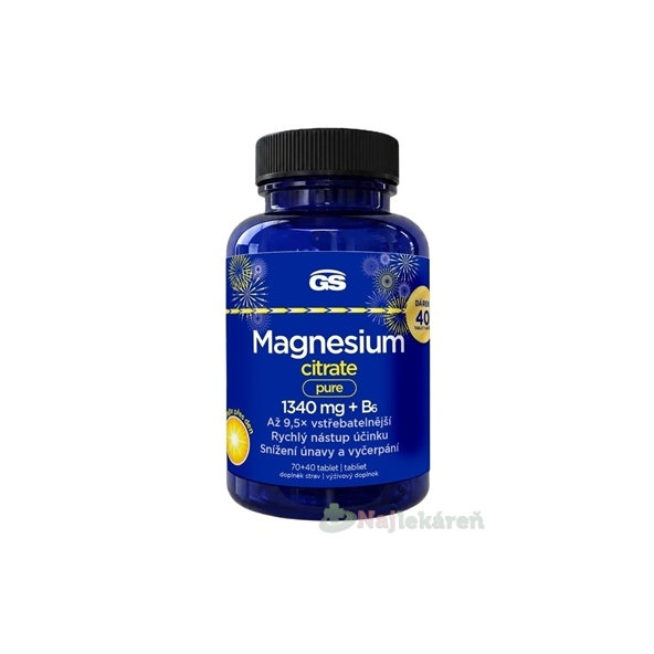 GS Magnesium citrát pure 1340 mg + B6 Dárek 70 + 40 tablet navíc