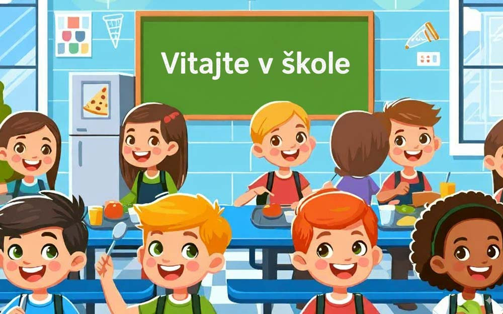  Ilustrované deti pri stole v školskej jedálni, potreby do školy pre malého školáka