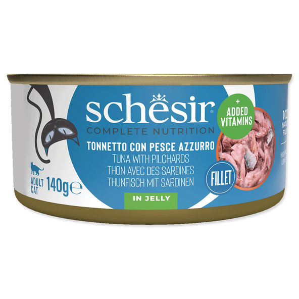 SCHESIR konzerva pro kočky tuňák a sardinky v želé 140 g