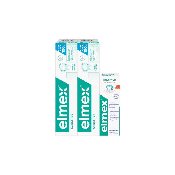 Elmex Sensitive zubní pasta Duopack 2×100 ml + ústní voda 100 ml