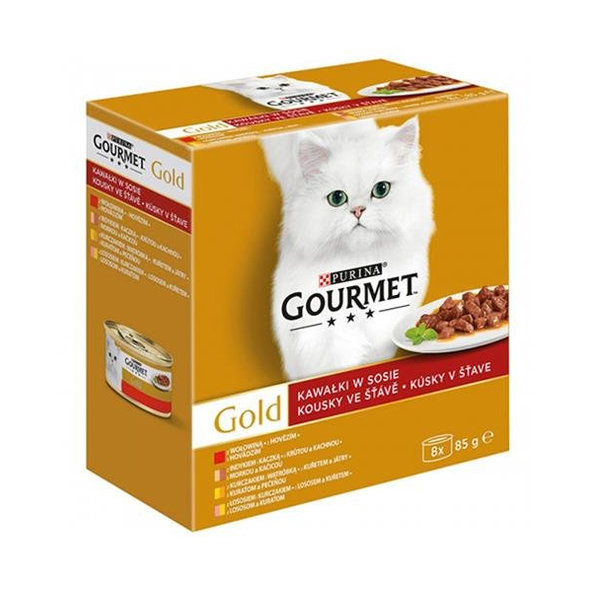 Gourmet Gold Multipack konzervy hovězí krůta losos kuře v šťávě 8x85 g