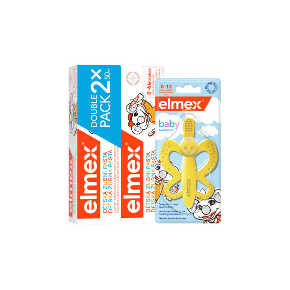 Elmex Dětská sada BABY kousátko a kartáček + 2× zubní pasta 50 ml