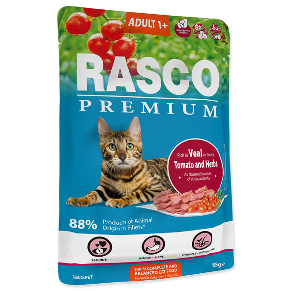Rasco Premium Adult kapsička pro kočky telecí s rajčaty 28 x 85 g