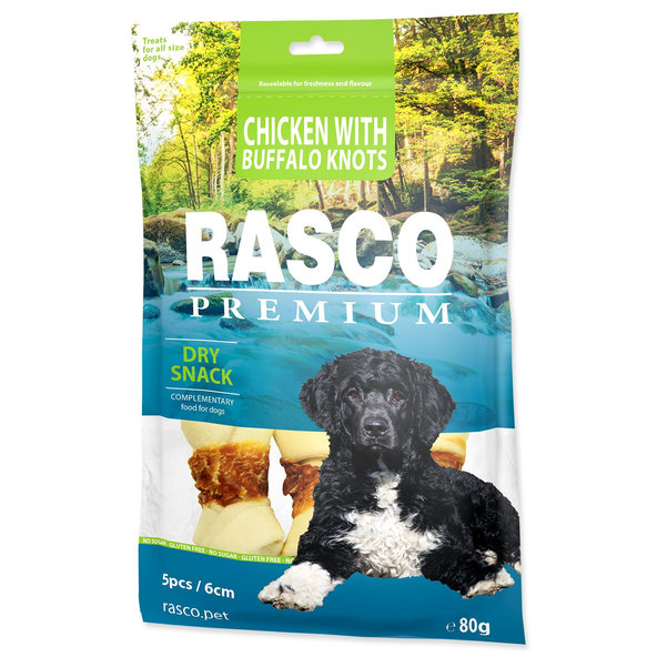 Rasco Premium pamlsek buvolí kůže s kuřecím masem, uzly 6 cm 80 g
