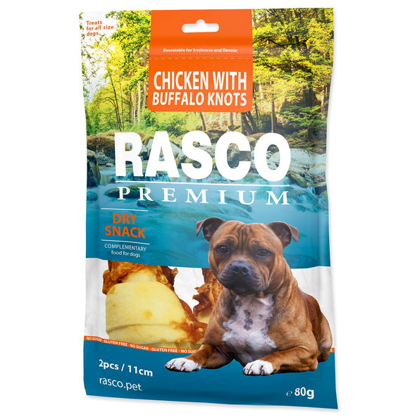 Rasco Premium pamlsek buvolí kůže s kuřecím masem, uzly 11 cm 80 g