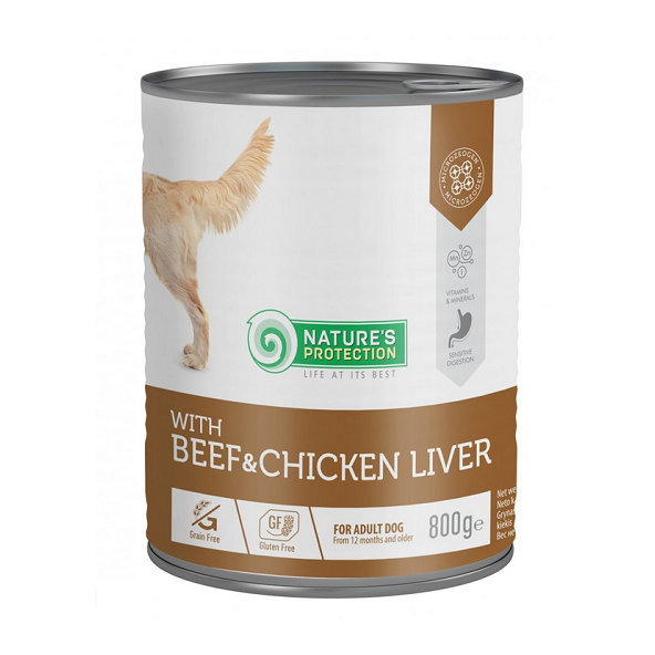 Natures Protection konzerva pro psy adult hovězí a kuřecí játra 800 g