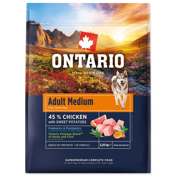 Ontario Adult Medium Chicken & Sweet Potatoes krmivo pro psy 2,25 kg