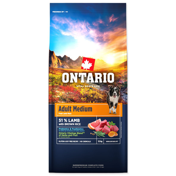 Ontario Adult Medium Lamb & Brown Rice krmivo pro dospělé psy středních plemen 12 kg