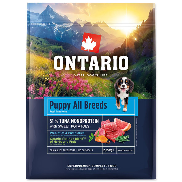 Ontario Puppy All Breeds Monoprotein Tuna & Sweet Potatoes krmivo pro štěňata všech plemen 2,25 kg