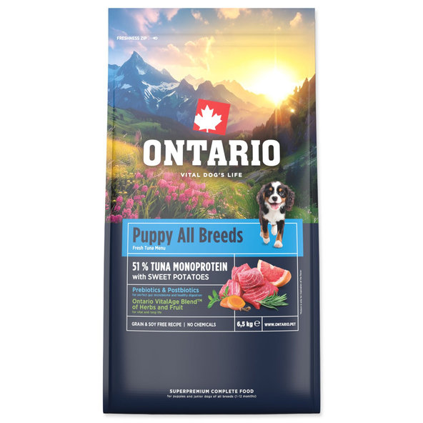 Ontario Puppy All Breeds Monoprotein Tuna & Sweet Potatoes krmivo pro štěňata všech plemen 6,5 kg