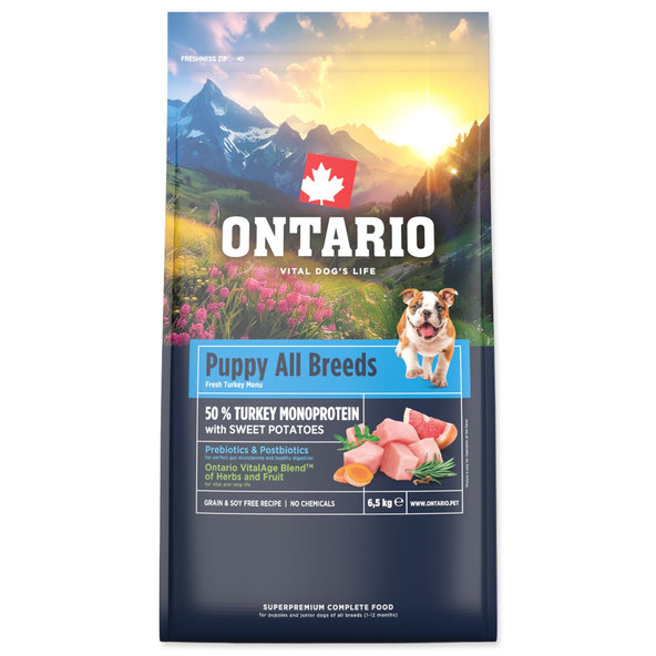 Ontario Puppy All Breeds Monoprotein Turkey & Sweet Potatoes krmivo pro štěňata všech plemen 6,5 kg
