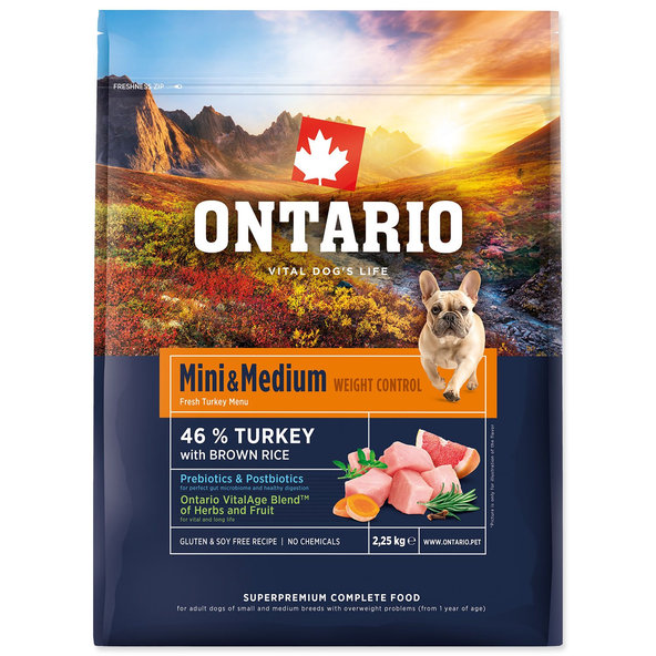 Ontario Mini & Medium Weight Control Turkey & Brown Rice krmivo pro psy na kontrolu hmotnosti 2,25 kg