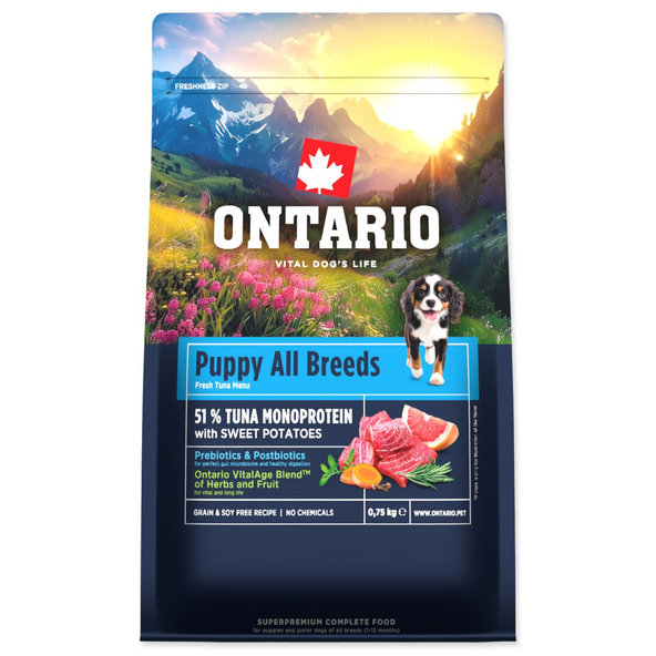 Ontario Puppy & Junior All Breeds Monoprotein Tuna & Sweet Potatoes krmivo pro štěňata 750 g