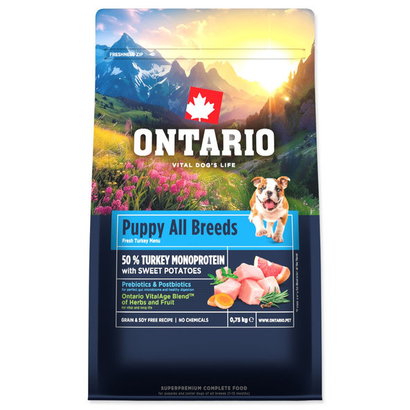 Ontario Puppy & Junior All Breeds Monoprotein Turkey & Sweet Potatoes krmivo pro štěňata 750 g
