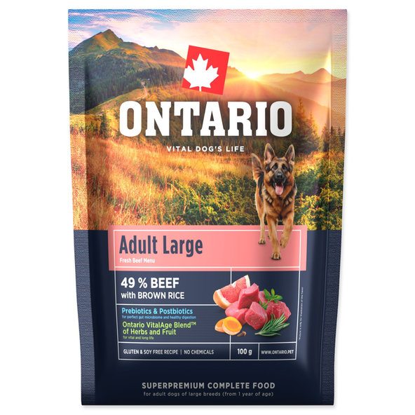 Ontario Adult Large Beef & Brown Rice vzorek krmiva pro dospělé psy velkých plemen 100 g