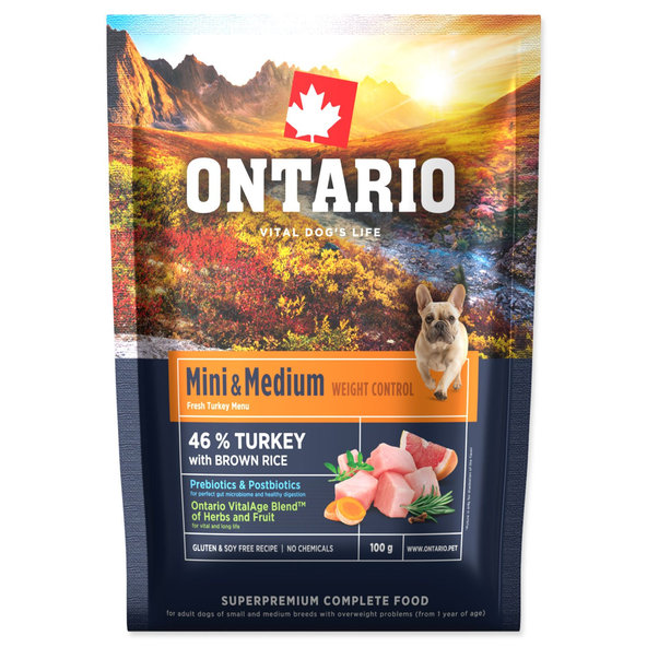 Ontario Mini & Medium Weight Control Turkey & Brown Rice vzorek krmiva pro psy malých a středních plemen s nadváhou 100 g