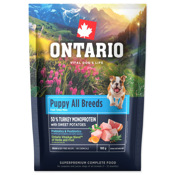 Ontario Puppy & Junior All Breeds Monoprotein Turkey & Sweet Potatoes vzorek krmiva pro štěňata 100 g