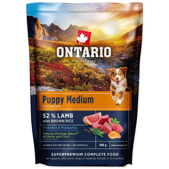 Ontario Puppy Medium Lamb & Brown Rice vzorek krmiva pro štěňata středních plemen 100 g