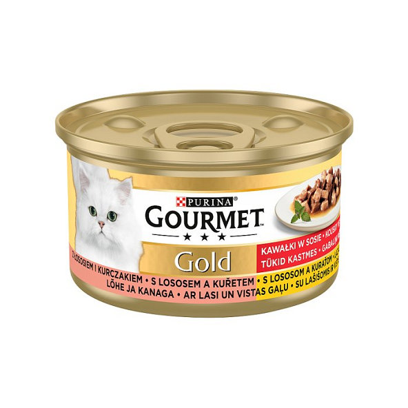 Gourmet Gold kousky pro kočky losos a kuře ve šťávě 12x85 g
