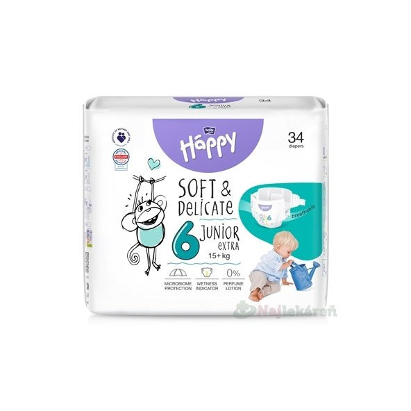 Bella Happy dětské plenky Soft & Delicate 6 Junior Extra 16+ kg 34 ks