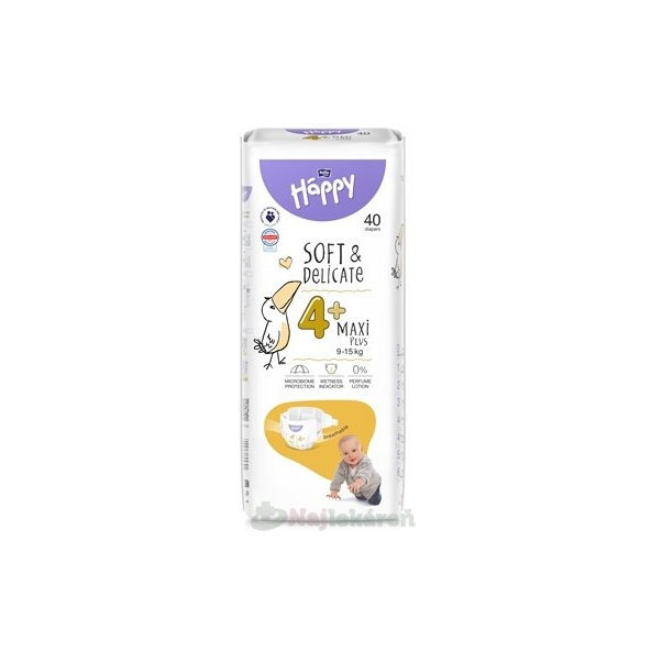 Bella Happy dětské plenky Soft & Delicate 4+ Maxi Plus 9–15 kg 40 ks