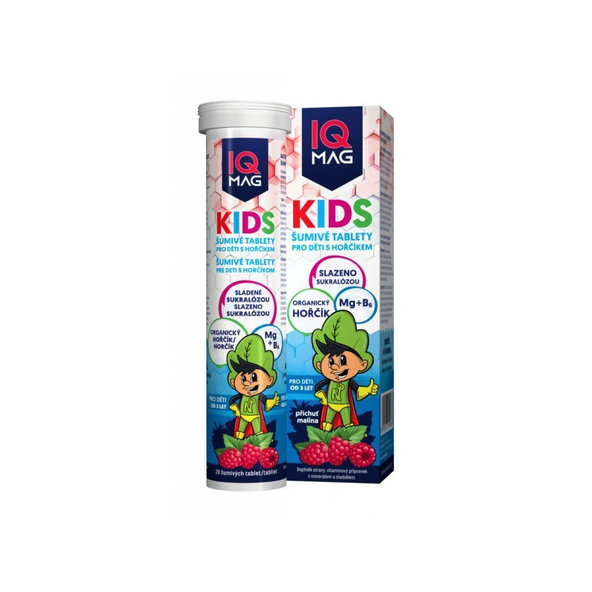 IQ Mag Kids Organický hořčík + vitamin B6 malina 20 šumivých tablet