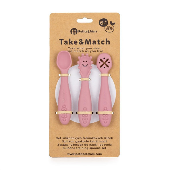 PETITE&MARS silikonové lžičky TAKE&MATCH Dusty Rose 6 m+ 3 ks