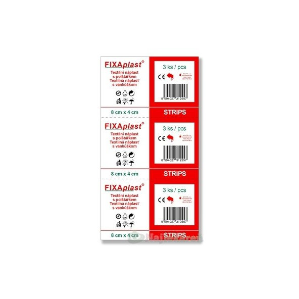 FIXAplast STRIPS textilní náplasti s polštářkem 8 × 4 cm 3 ks