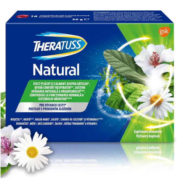 Theratuss Natural malinové pastilky na suchý kašel 16 ks
