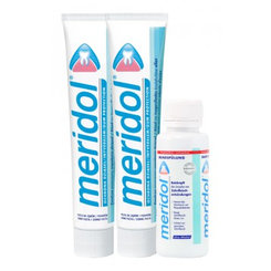 Meridol zubní pasta Duopack 2×75 ml + ústní voda 100 ml