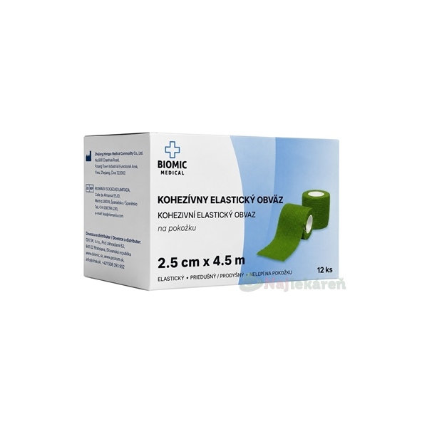BIOMIC Kohezivní elastické obinadlo zelené 2,5 cm × 4,5 m 12 ks