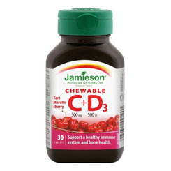 Jamieson Vitamín C 500 mg + D3 500 IU třešeň 30 žvýkacích tablet