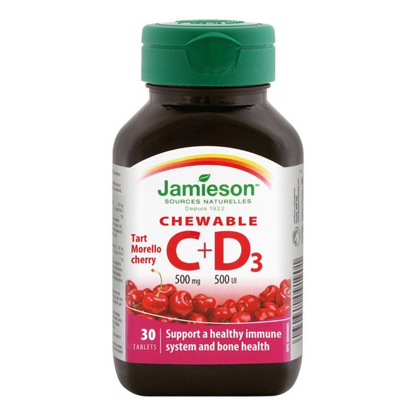 Jamieson Vitamín C 500 mg + D3 500 IU třešeň 30 žvýkacích tablet