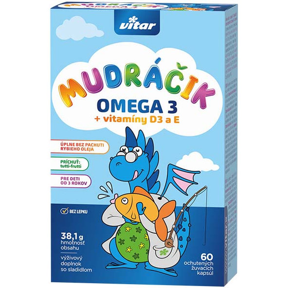 Mudráčik Omega 3 + vitaminy D3 a E 60 žuvacích kapslí